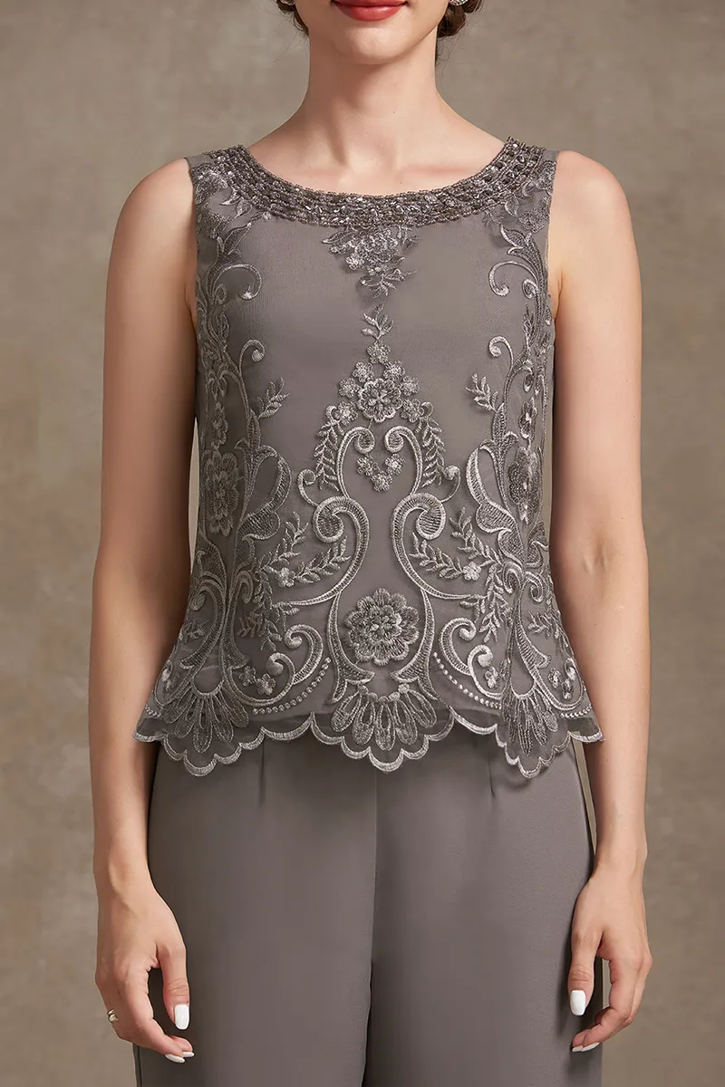 Plus Size Embroidery Chiffon Three Pieces Set Pant Suits