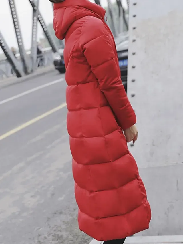 Women's Puffer Jacket Parka Outdoor Street Daily Winter Fall Long Coat Regular Fit Warm Breathable Jacket Long Sleeve Solid Color Green Black Dark Green / Going out