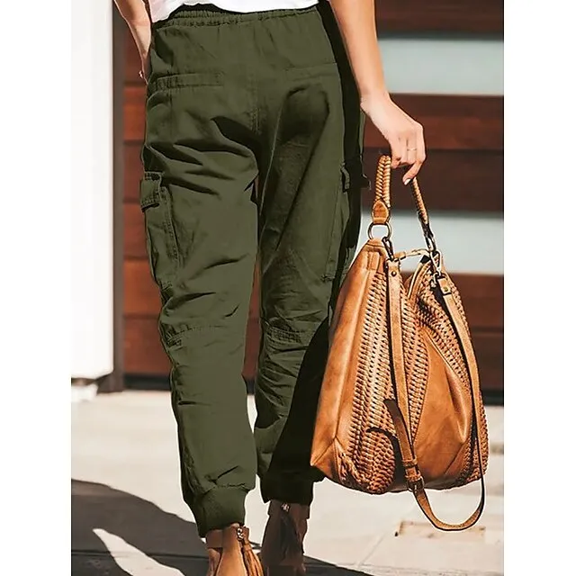 Women's Cargo Pants Pants Trousers Baggy Cuffed Cargo Drawstring Baggy Multiple Pockets Plain Comfort Full Length Casual Weekend Fashion Black Green Mid Waist Micro-elastic