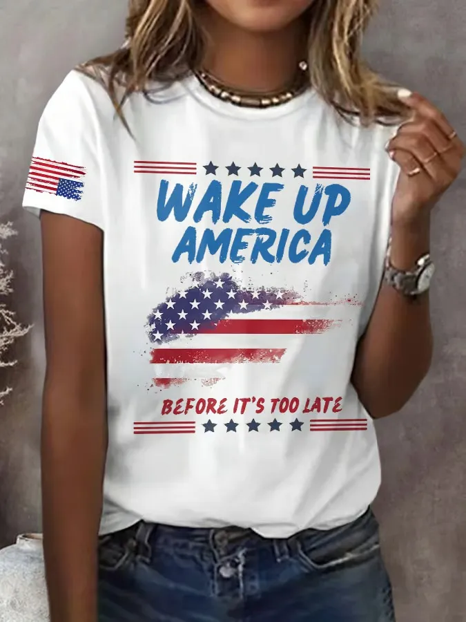Retro Wake Up America Before It'S Too Late Print T-Shirt