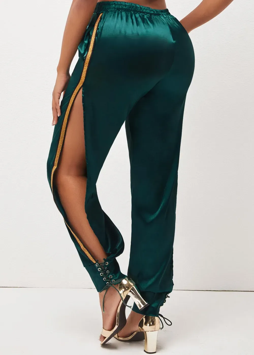 Dark Green Lace Up Side Slit Pants