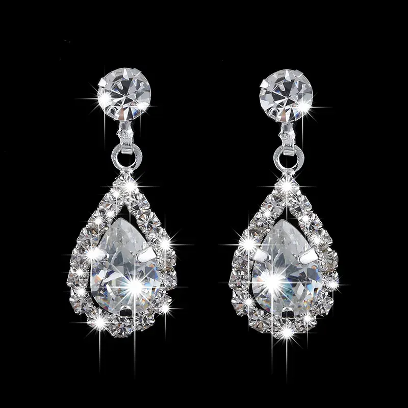 Brilliant Full Diamond Zircon Drop Necklace and Earrings Set