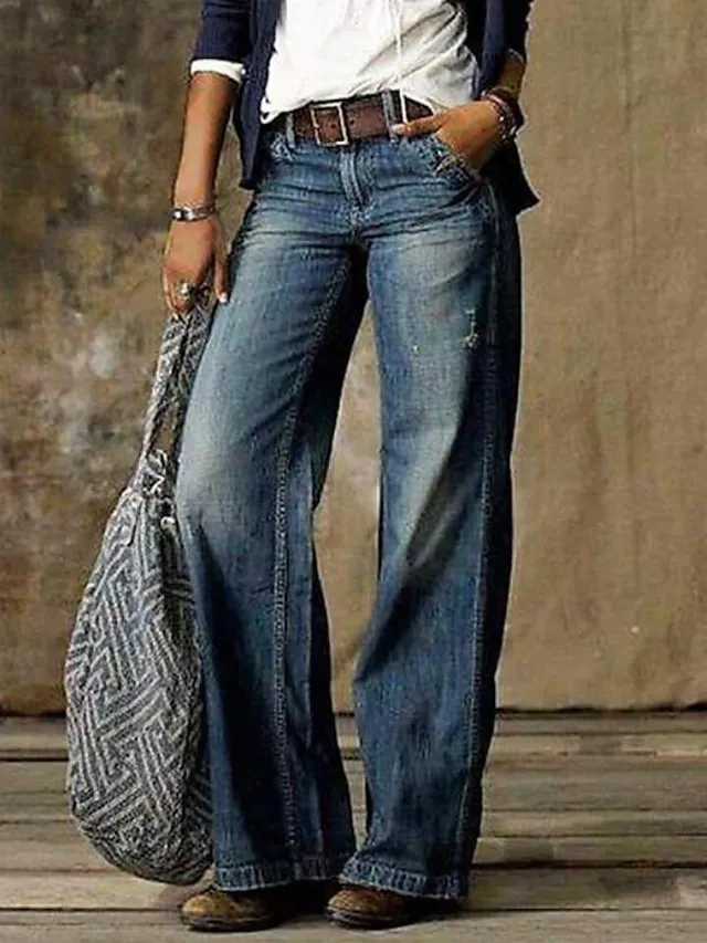 Women's Jeans Bootcut Wide Leg Full Length Faux Denim Wide Leg Print Micro-elastic Mid Waist Fashion Casual Weekend flower number 6 flower number 18 S M