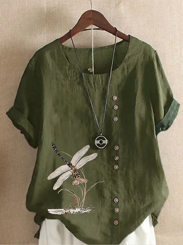 Women's Linen Shirt T shirt Tee Blouse White Pink Blue Floral Button Print Short Sleeve Daily Going out Weekend Streetwear Crewneck Regular Fit Summer Spring