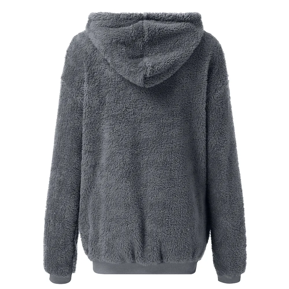 Solid Plush Drawstring Hooded Zip Coat