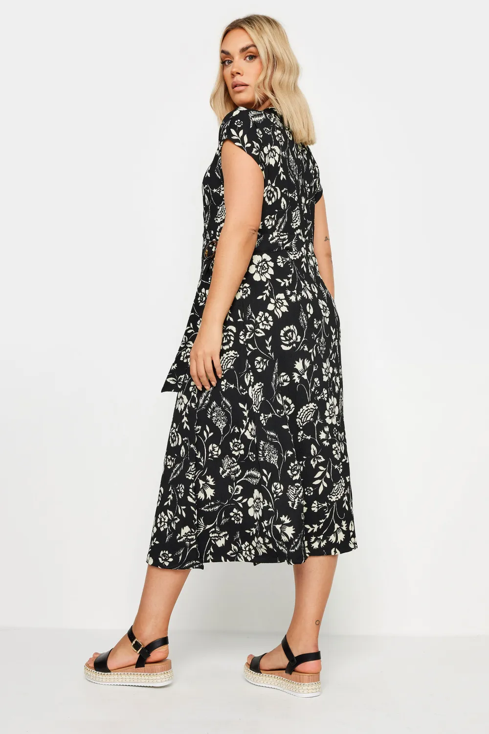 YOURS Curve Black Floral Print Textured Midi Dress