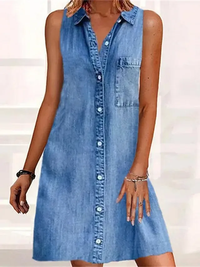 Women's Casual Dress Denim Shirt Dress Mini Dress Denim Modern Casual Outdoor Daily Shirt Collar Button Pocket Sleeveless Summer Spring 2023 Regular Fit Blue Plain S M L XL 2XL