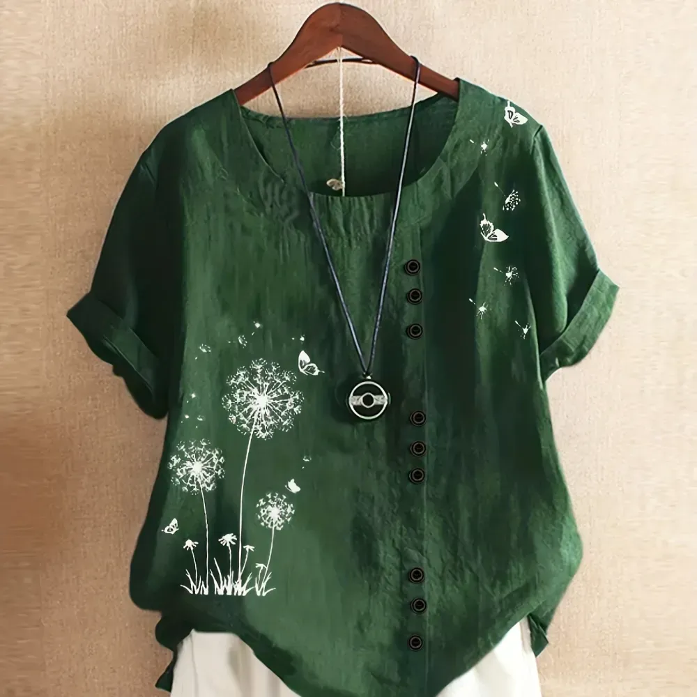 Women's Plus Dandelion Print Tee, Short Sleeve, Casual, Round Neck, Plus Size