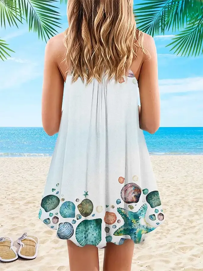 Vacation Sea Turtle Happiness Comes In Waves Print Spaghetti Strap Dress Swimsuit Coverup