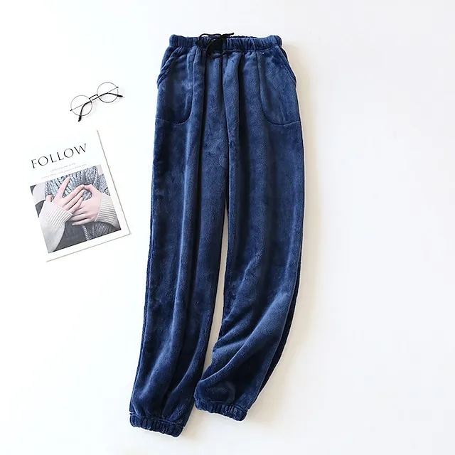Women's Fleece Fluffy Fuzzy Warm Pajamas Pants Pjs Pure Color Simple Comfort Plush Home Daily Bed Gift Long Pant Elastic Waist Winter Fall Black Blue