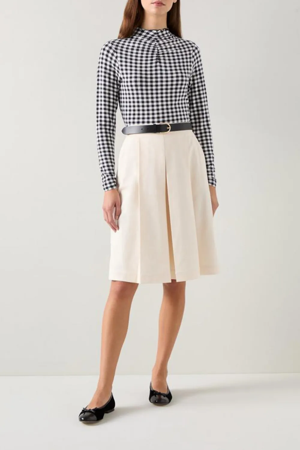 Black Cream Checkered High Neck Long Sleeve Top