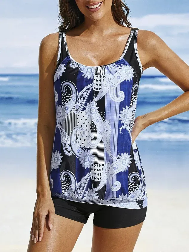 Vacation Ethnic Printing Scoop Neck Tankinis Two-Piece Set