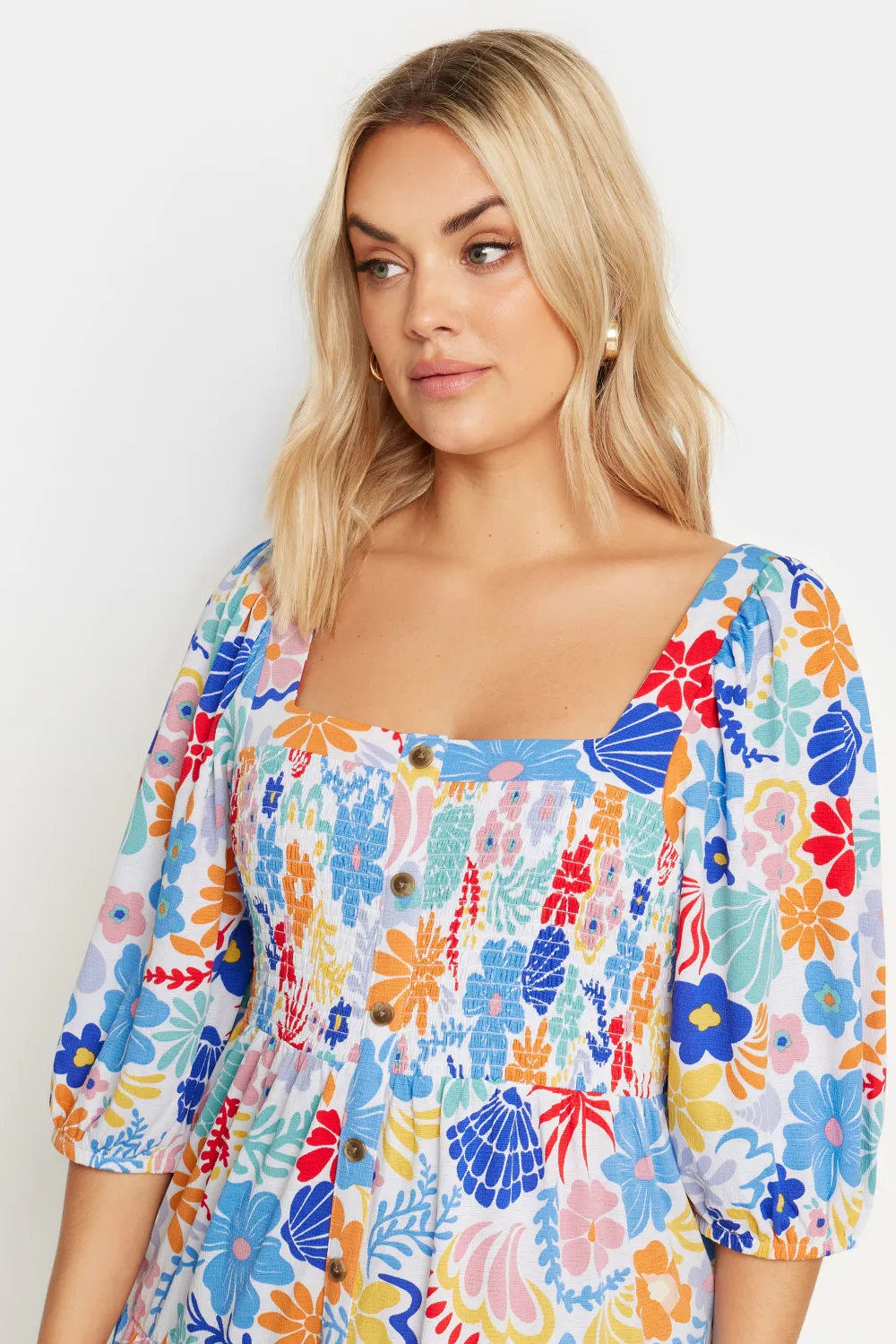 YOURS Curve White Floral Print Button Front Tiered Midi Dress