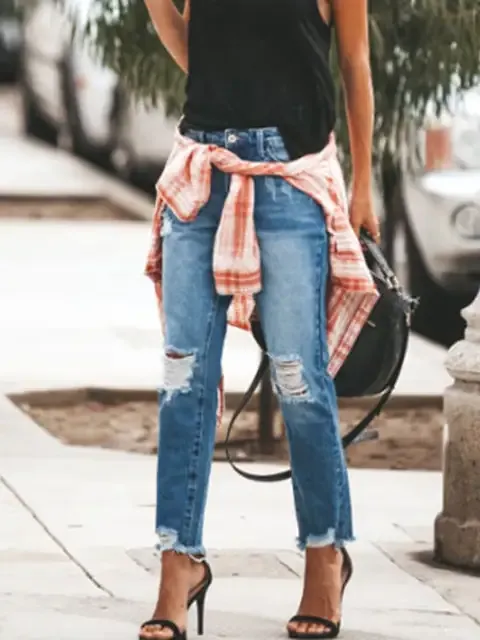 Solid Mid-rise Ripped Casual Jeans