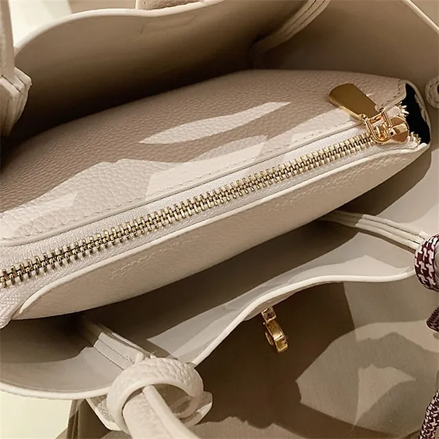 Women's Handbag PU Leather Party Daily Zipper Large Capacity Waterproof Breathable Solid Color Cream white Beige + silk scarf
