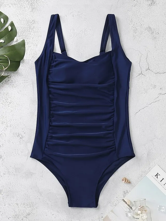 Women's Swimwear One Piece Monokini Bathing Suits Normal Swimsuit Ruched Tummy Control Slim Solid Color Black Wine Navy Blue Fuchsia Brown Padded Strap Bathing Suits Sports Active Vacation