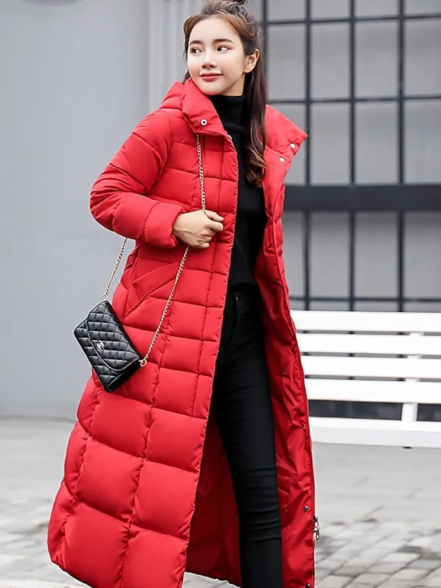 Women's Winter Jacket Puffer Jacket Hoodie Jacket Outdoor Street Daily Winter Fall Long Coat Regular Fit Windproof Warm Sports Streetwear Casual Jacket Long Sleeve Solid Color Rust Red caramel