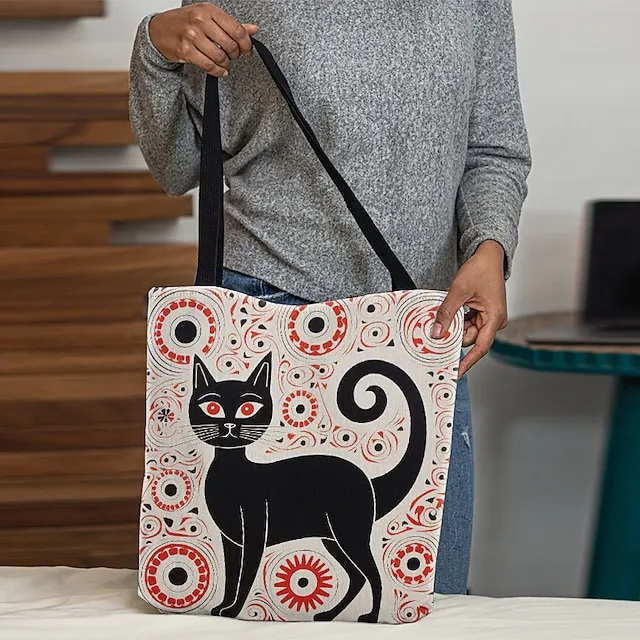 Women's Tote Shoulder Bag Canvas Tote Bag Customize Oxford Cloth Shopping Holiday Print Large Capacity Foldable Lightweight Cat Black / Red Custom Print White