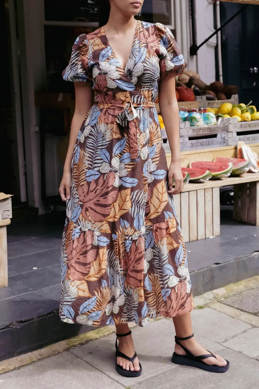 Ocean Tropical Print Wrap Midi Dress