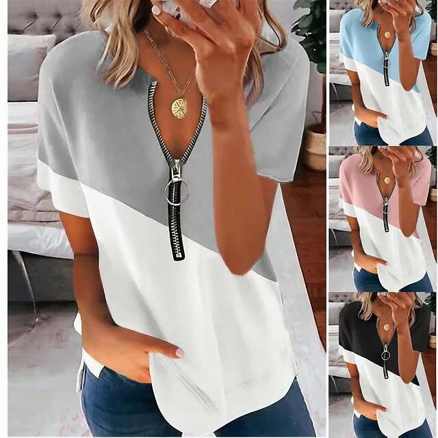 Women‘s Summer Contrast Printing V-neck Zipper Short-sleeved Shirt T-shirt Top