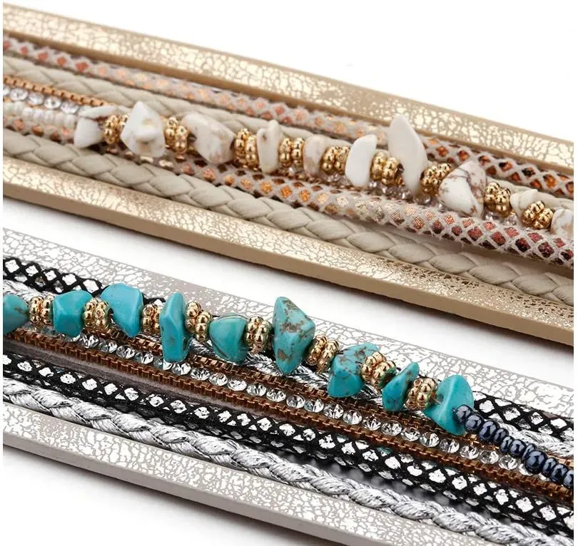 Fesciory Leather Wrap Bracelets for Women, Boho Leopard Multi-Layer Crystal Beads Cuff Bracelet Jewelry