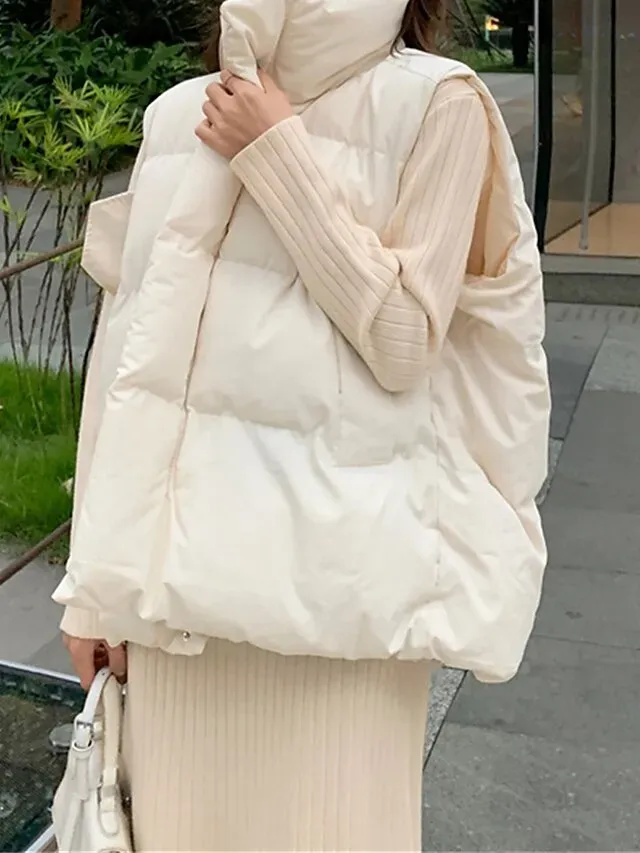 Women's Puffer Vest Long Sleeveless Parka Warm Heated Quilted Gilet Winter Coat Zipper Stand Collar Jacket with Pocket Outerwear Black White S M L XL