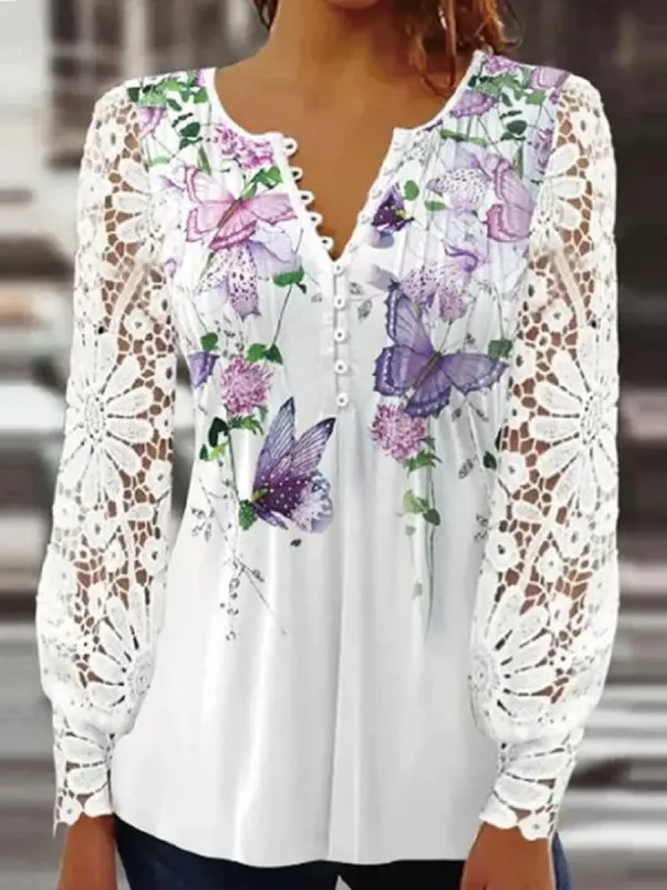 Round Neck Casual Loose Floral Print Lace Long Sleeve T-Shirt
