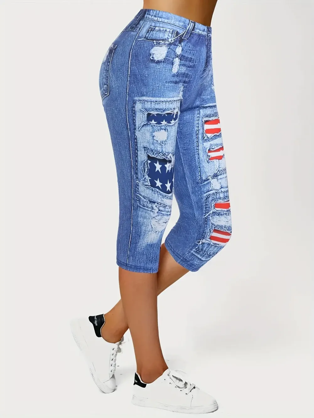 Plus Size Casual Leggings, Women's Plus Flag & Denim Print High Rise Stretchy Capri Leggings