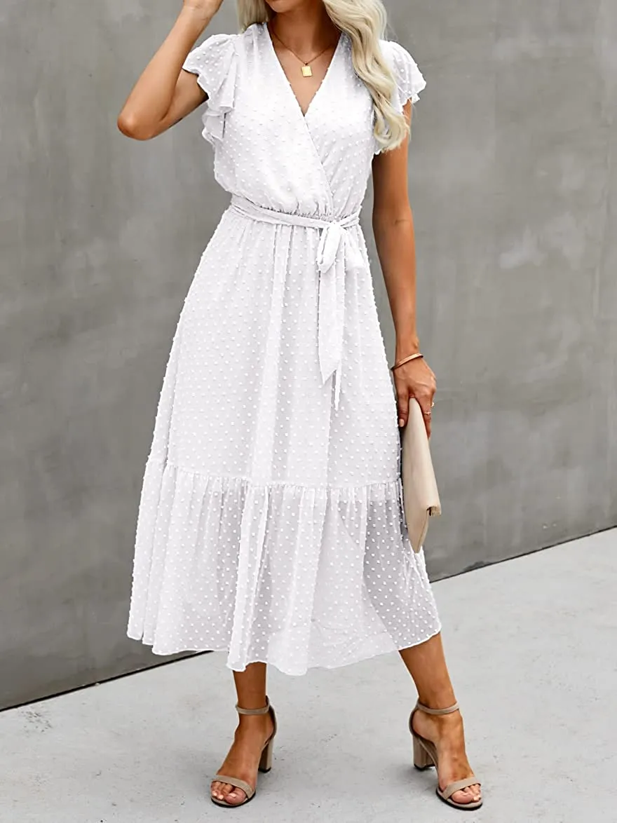 Women Summer Bohemian Floral Casual Wrap V Neck Ruffle Cap Sleeveless Belt A-Line Pleated Hem Swing Midi Sun Dress