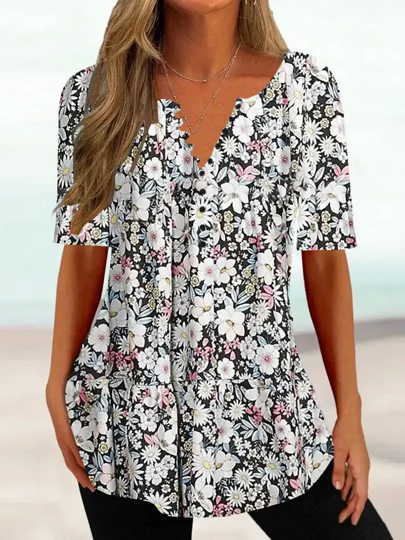 Women Half Sleeve V-neck Floral Printed Tops