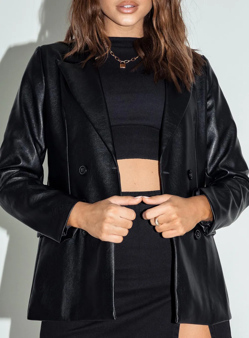 Black Double Breasted Faux Leather Blazer