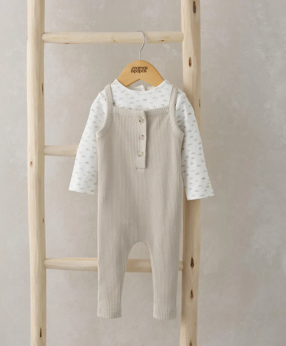 Ribbed Dungarees & Bodysuit Outfit Set - Oatmeal