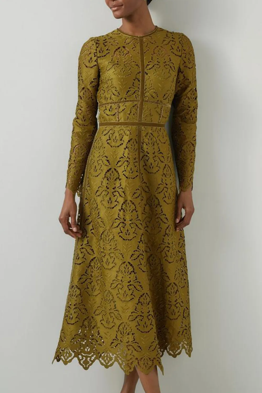 Olive Green Lace Detailed Long Sleeve Dress