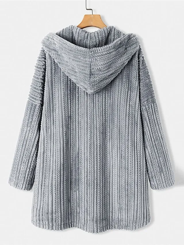 Women's Plus Size Teddy Coat Winter Coat Button Pocket Plain Outdoor Causal Long Sleeve Hoodie Regular Winter Fall Black Blue Khaki XL XXL 3XL 4XL 5XL