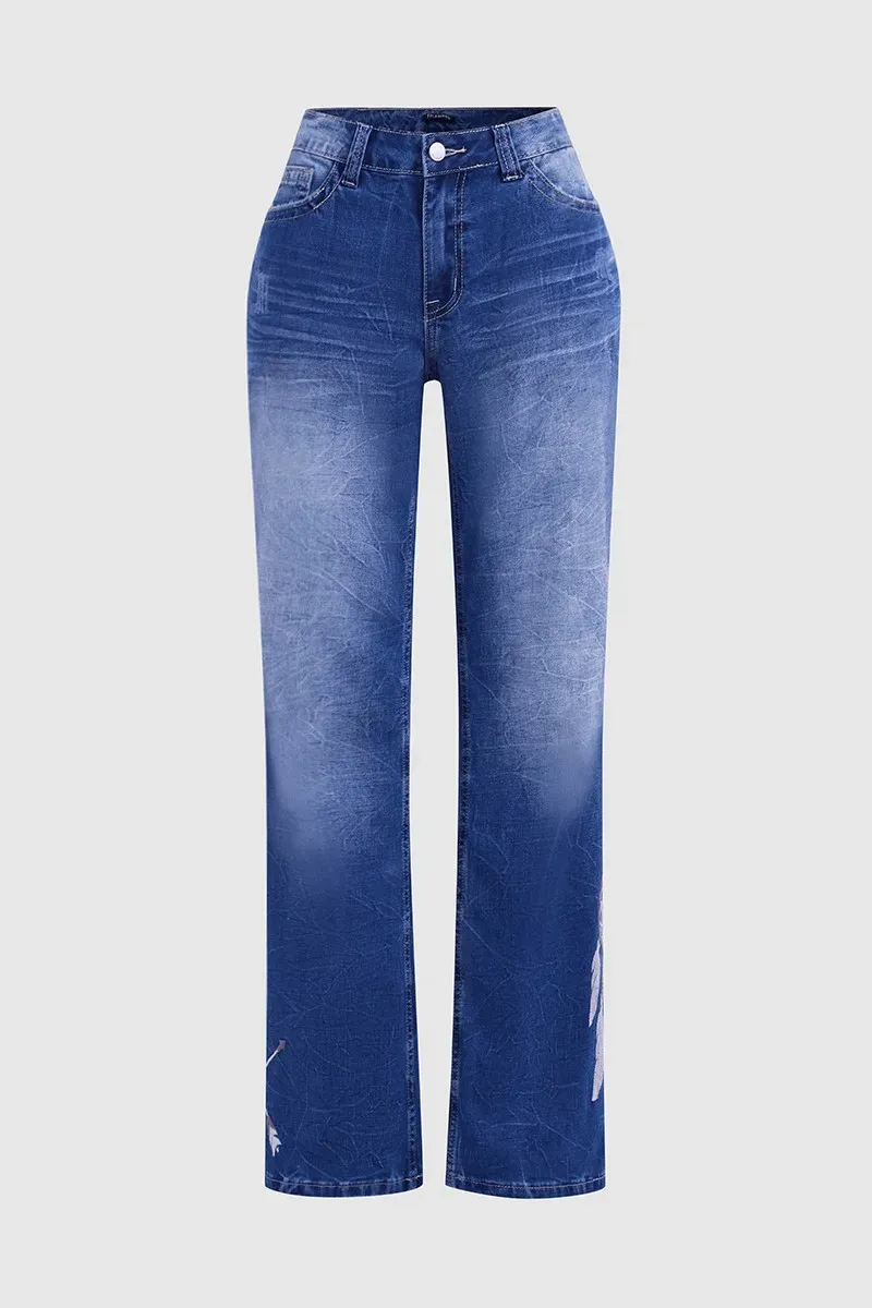 Vintage Feather Pattern Ripped Low Waist Bootcut Jeans