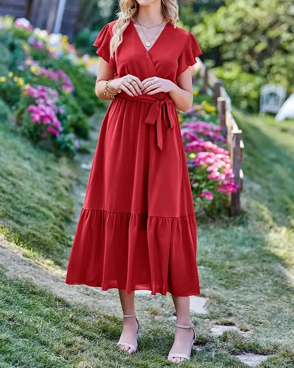 Women Summer Bohemian Floral Casual Wrap V Neck Ruffle Cap Sleeveless Belt A-Line Pleated Hem Swing Midi Sun Dress