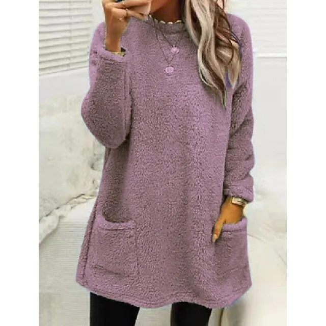 Women's Sweatshirt Pullover Sherpa Fleece Teddy Pocket Marron Black Blue Solid Color Street Casual Round Neck Long Sleeve Fleece S M L XL 2XL 3XL