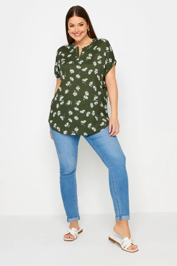 YOURS Curve Khaki Green Floral Print Notch Neck Blouse