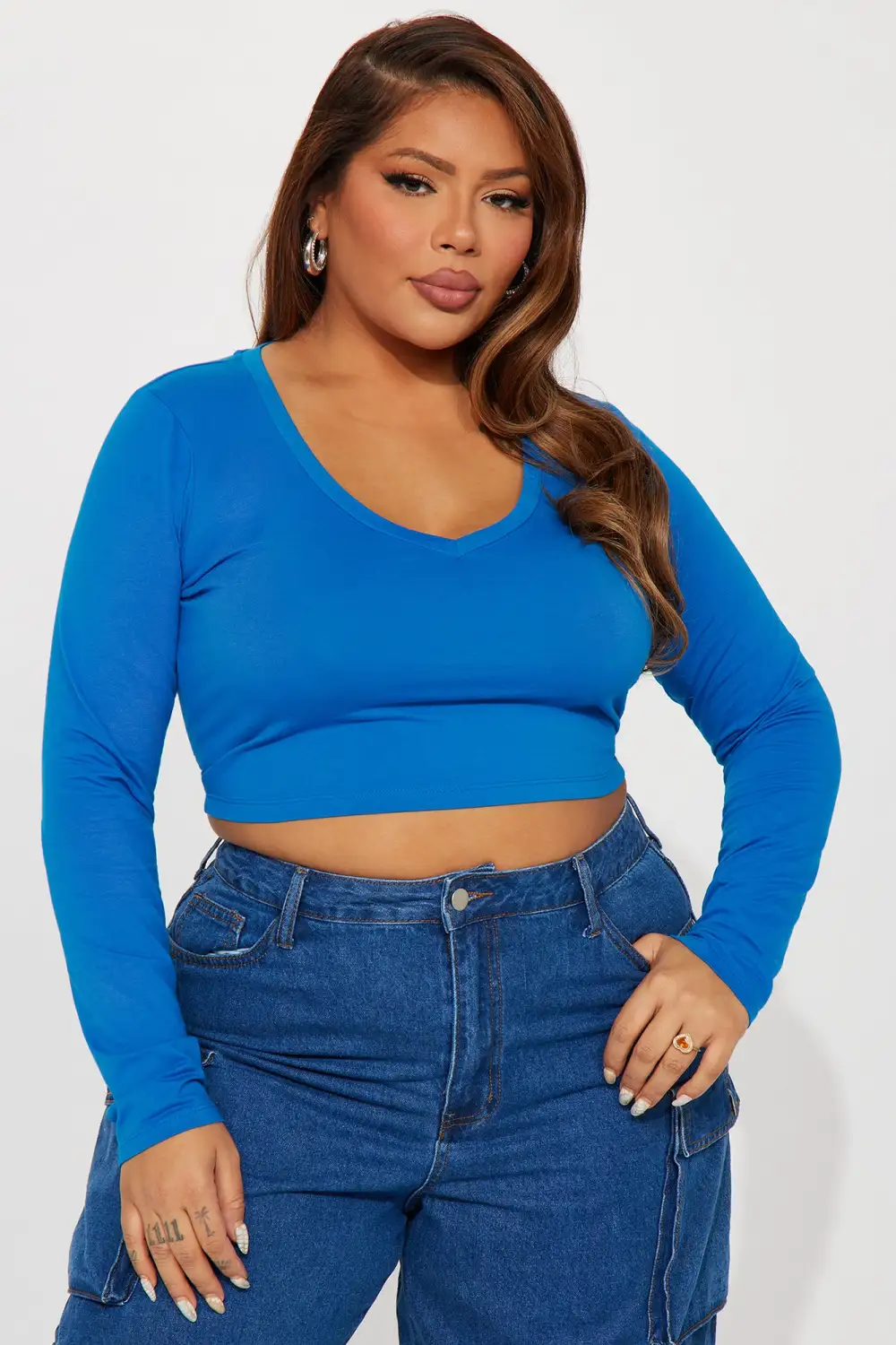 Carly V Neck Crop Long Sleeve Tee - Cobalt