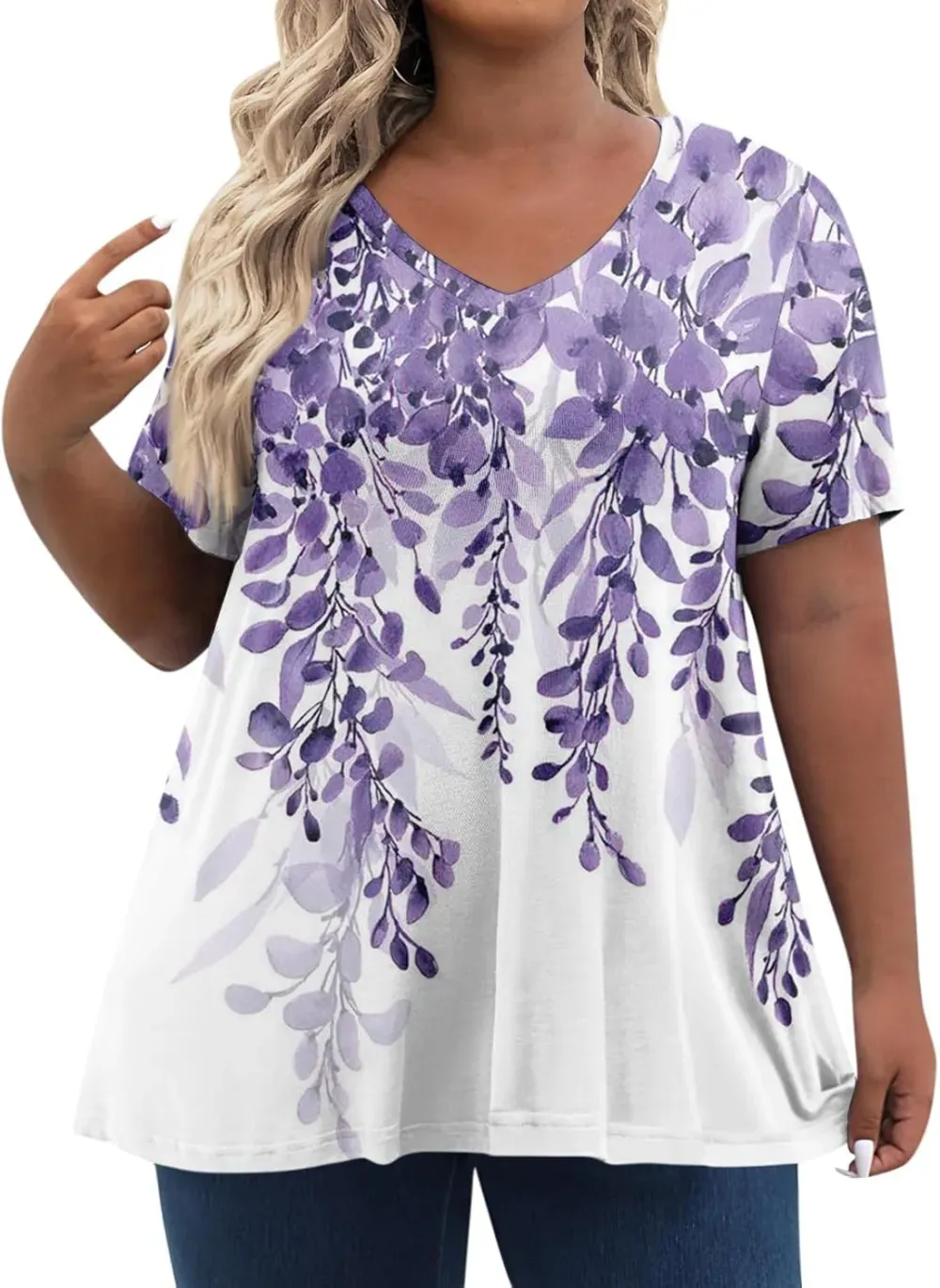 Plus Size Tops for Women Dressy Short Sleeve V Neck Shirts for Women Summer Tops for Women 2024 Floral Print Top