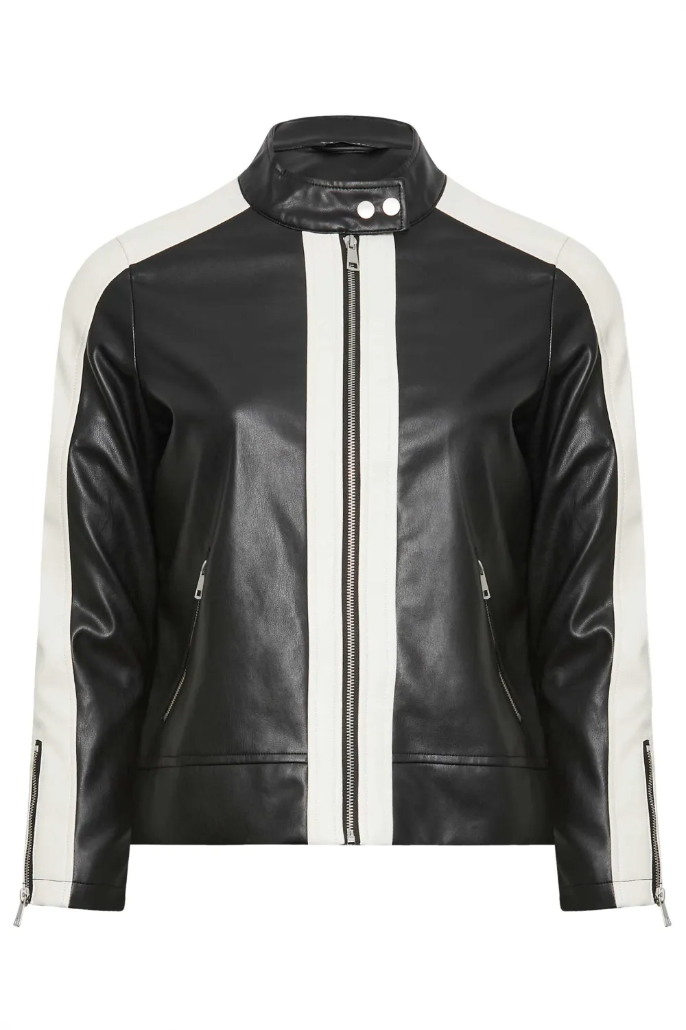 YOURS Curve Black Faux Leather Contrast Stripe Biker Jacket