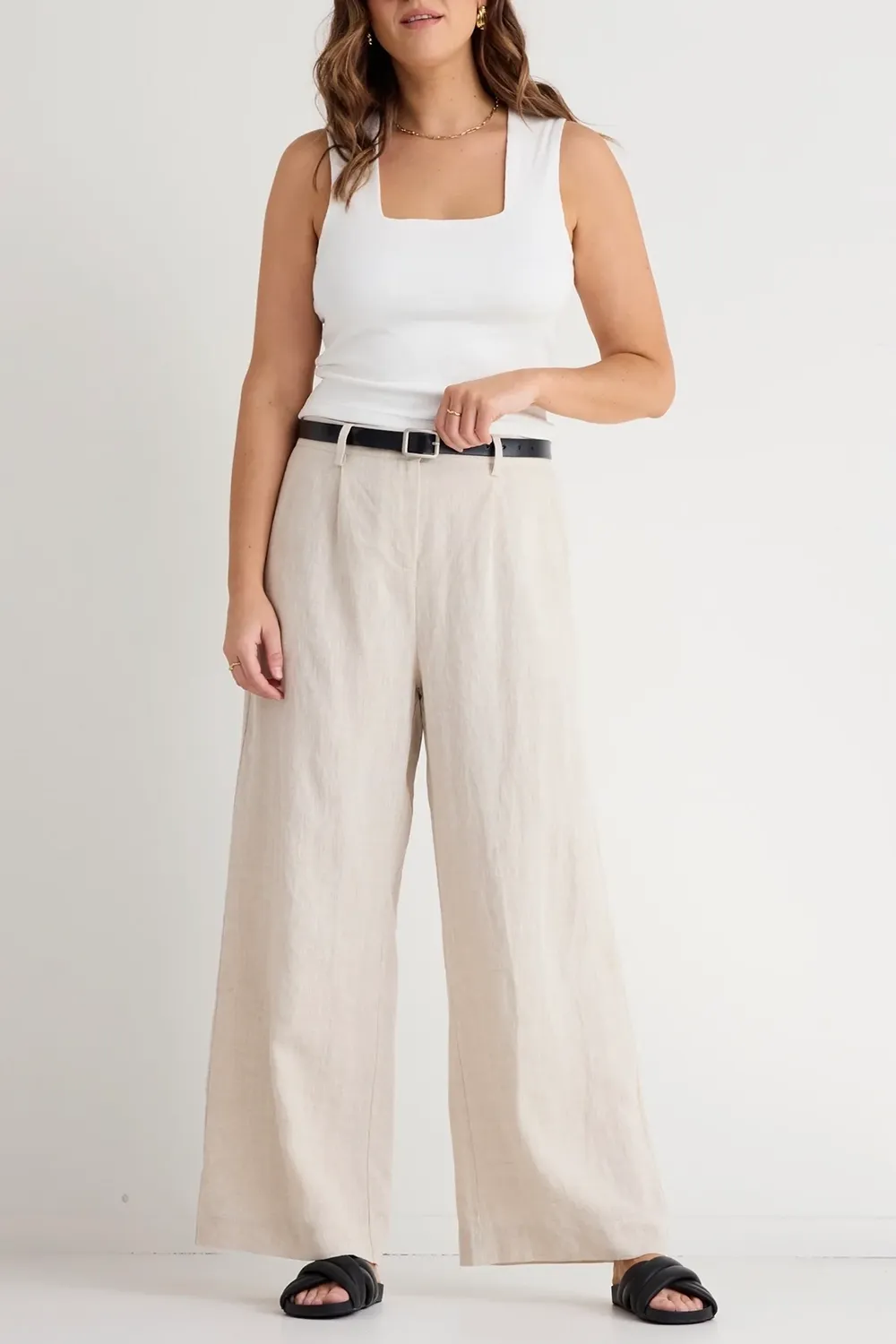 Natural Linen Pleat Front Wide Leg Pant