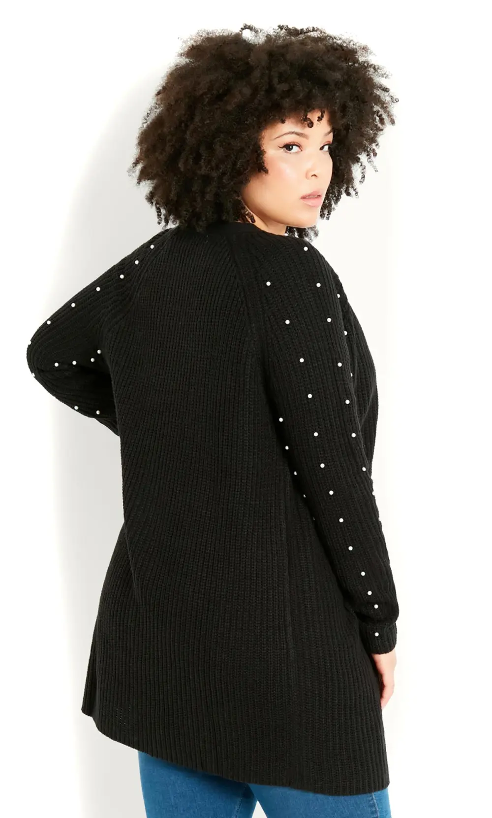 Evans Black Ribbed Knit Pearl Embellished Cardigan
