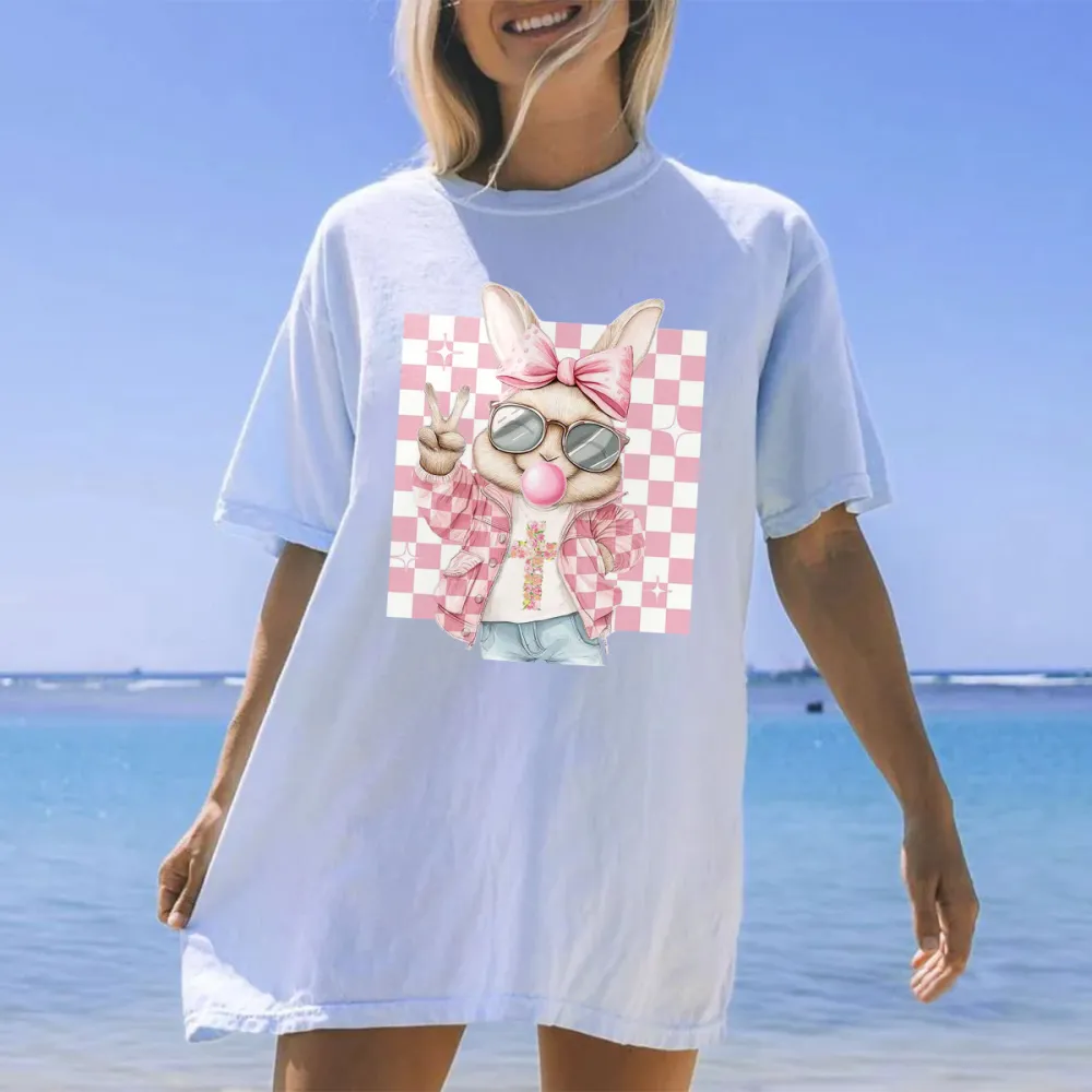 T-Shirt Have Faith Pink Bunny Blowing Bubbles At The Beach Printed Round Neck Short Sleeve