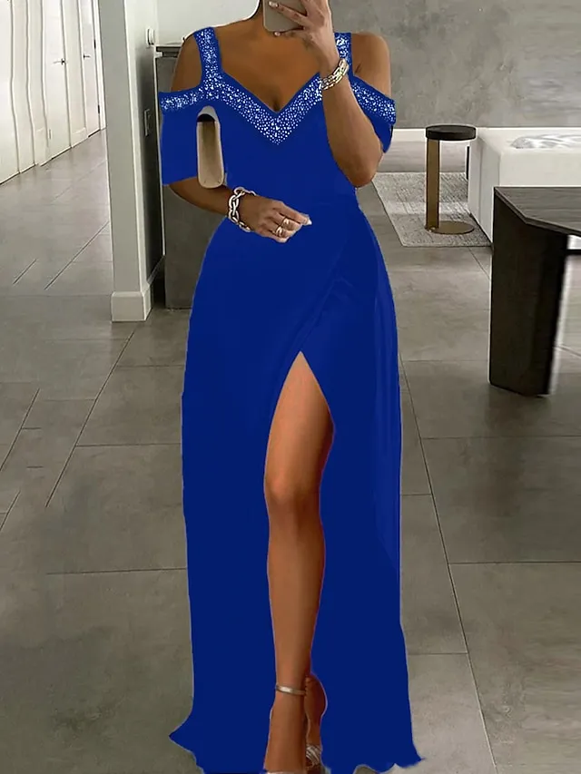 Women‘s Party Dress Black Dress Formal Dress Formal Evening Party Graduation Long Dress Maxi Dress Fashion Party V Neck Short Sleeve Patchwork Split 2023 Black Pure Color S M L XL 2XL