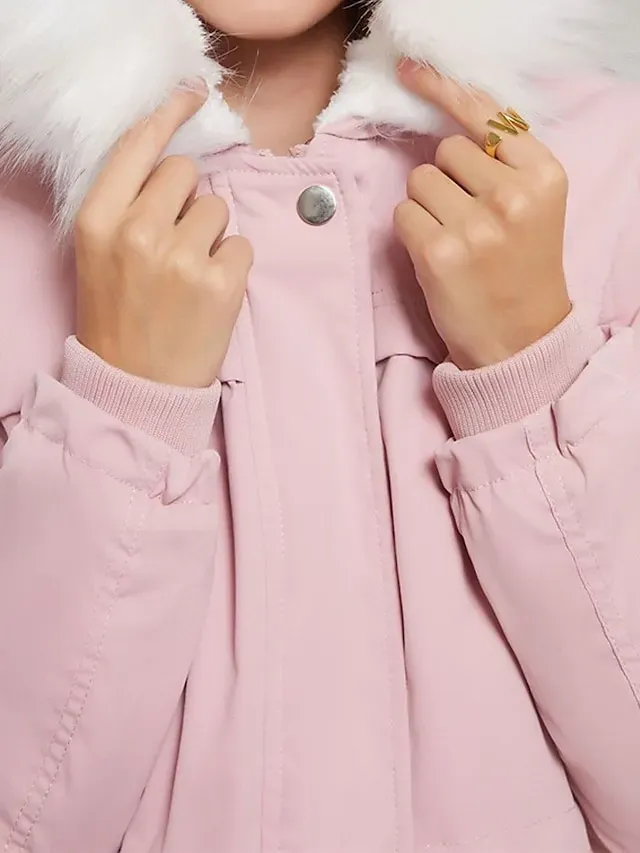 Women's Parka Puffer Coat Thermal Warm Winter Coat Windproof Heated Coat with Fur Collar Fall Zip up Drawstring Fleece Jacket with Pockets Outerwear Pink Black Pink Mid-Length