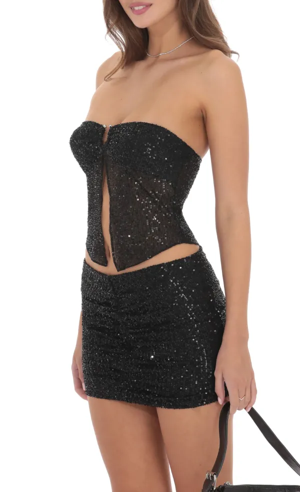 Sequin Strapless Two Piece Set in Black