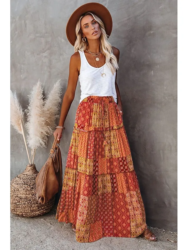 Women's Skirt Swing Long Skirt Maxi Red Blue Purple Orange Skirts Spring & Fall Ruffle Print Fashion coastal grandma style Boho Holiday Casual Daily S M L
