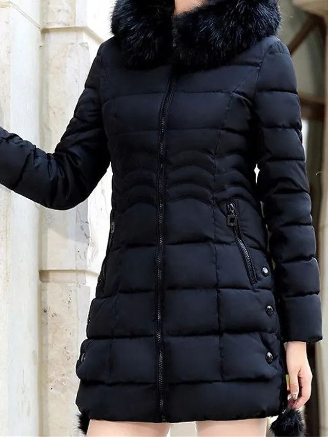 Women's Parka Long Puffer Jacket with Fur Collar Hood Winter Coat Windproof Warm Casual Jacket Long Sleeve Plain with Pockets Full Zip Black Pink Red