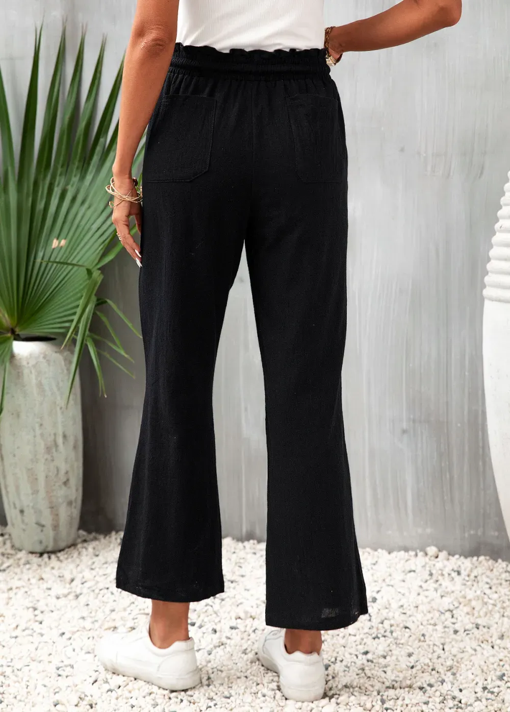 Black Pocket Flare Leg Elastic Waist Pants